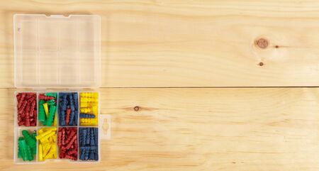 Set of various tools on wooden background. Construction concept