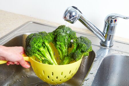 Vegetarian food in the sink. Fresh broccoli