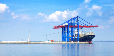 Sea Port in Odessa, Ukraine, 2016. Hoisting crane and ship. Embarkationの写真素材