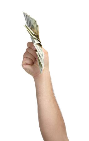 Hands with money isolated on a white backgroundの写真素材