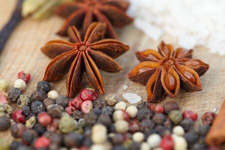 Spices. Various seasonings for cooking on wooden backgroundの写真素材