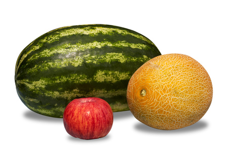 Watermelon, melon and apple isolated on white backgroundの写真素材