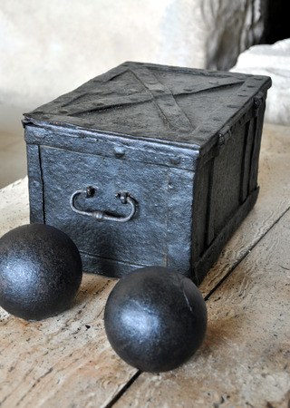 old box and cannonballsの写真素材