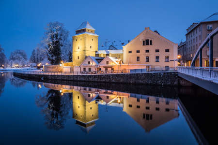 Winter evening in historical city Ceske Budejovice in the Czech Republicの写真素材