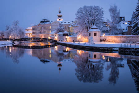 Winter evening in historical city Ceske Budejovice in the Czech Republicの写真素材