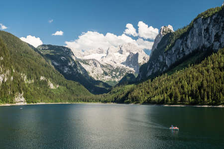 Scenery with Dachstein mountain at beautiful Gosausee, Salzkammergut, Austria in the Alpsの写真素材