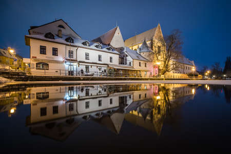 Winter evening in historical waterfront of city Ceske Budejovice in the Czech Republicの写真素材