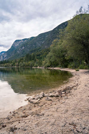 Mountain reflections in lake Bohinjの写真素材