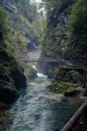 Misty river in Vintgar Gorge in Sloveniaの写真素材