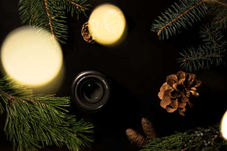 Flat lay lens with christmas decorの写真素材