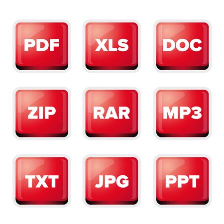 file extensions icons set: pdf, xls, doc, zip, rar, mp3, txt, jpg, pptのイラスト素材