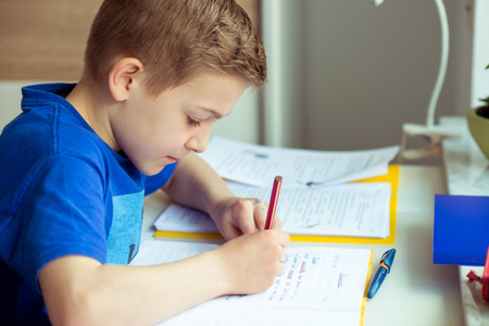 Intelligent boy makes homework at desk in his room