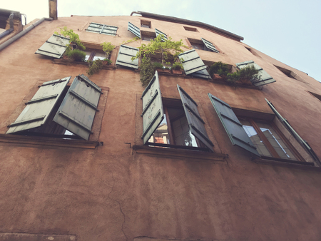 Image of beautiful vintage windows in old  strasbourg cityの写真素材