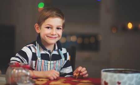 Portrait of happy little child preparing cookies for Christmas and New Year at homeの写真素材