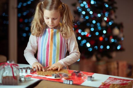 Pretty little girl with funny pigtails decoraiting christmas cookies of different forms at home with christmas tree on backgroundの写真素材