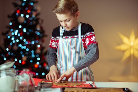 Portrait of teen boy making ginger cookies for Christmas eve at home with christmas tree on backgoundの写真素材