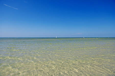 Blue sky without clouds with clear water and sailboards away from the coastの写真素材