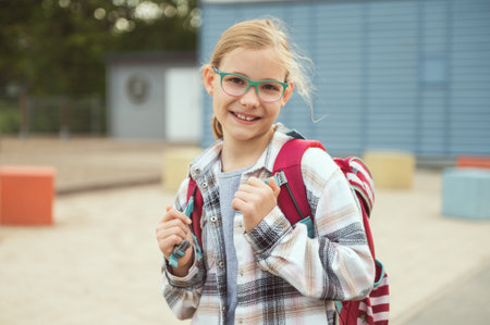 Portrait of pretty little school girl in glasses with backpack standing, posing and smiling in front of schoolの写真素材