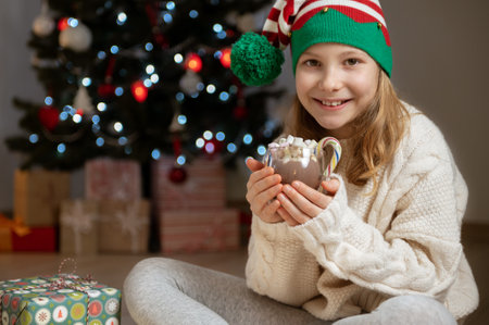 Pretty little girl with funny hat sitting near christmas tree with new years gifts and holding hot chocolate with marshmallowsの写真素材