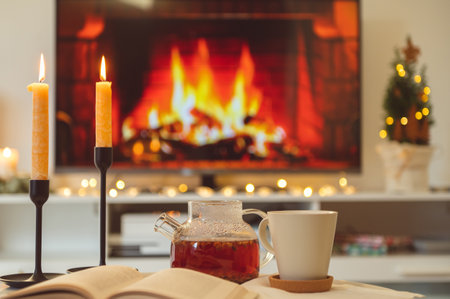 At cozy home on side table hot teapot, book and candles with fireplace on backgroundの写真素材