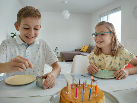 Portrait of happy children at birthday party with torte and colorful candles at table at homeの写真素材