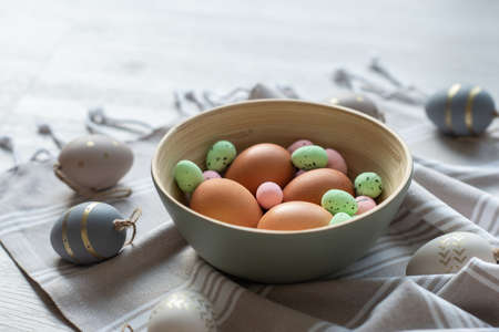Happy easter concept photo of beautiful decoraited eggsの写真素材
