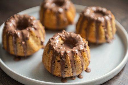 Coating with chocolate glaze tasty muffins at birthday partyの写真素材