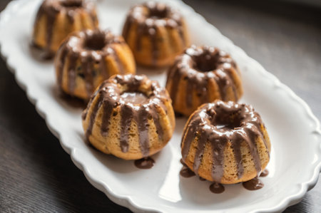 Coating with chocolate glaze tasty muffins at birthday partyの写真素材