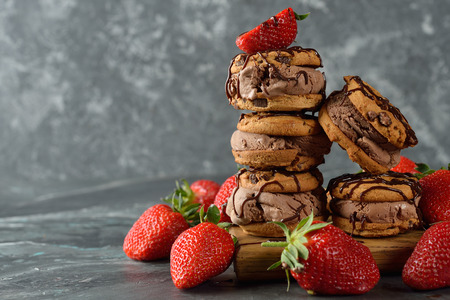 Chocolate sandwich with ice cream on a gray backgroundの写真素材