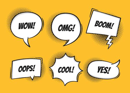 Super set retro colorful comic speech bubbles with halftone shadows on yellow background. Expression text OOPS, YES, OMG, BOOM, COOL, WOW. Vector illustration, retro pop art style.のイラスト素材