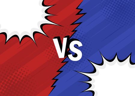 Concept VS. Versus. Fight, red and blue retro backgrounds comics style design with halftone, lightning. Modern flat style vector illustration.のイラスト素材