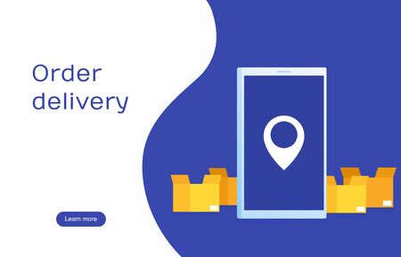 Concept Delivery orders and tracking cargo on a phone. Phone with boxes. Modern flat design  illustration.のイラスト素材