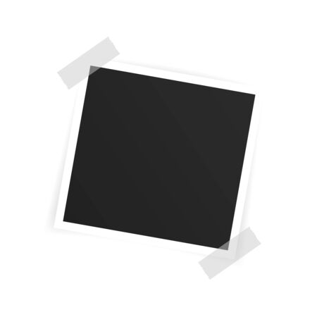 Vector Photo frame mockup design. Photo frame on sticky tape isolated on white background. Vector illustration.のイラスト素材
