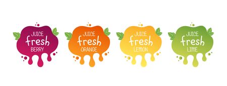 Juice fresh fruit label icon for your needs. Berry, orange, lemon, lime, healthy juice sticker design.のイラスト素材