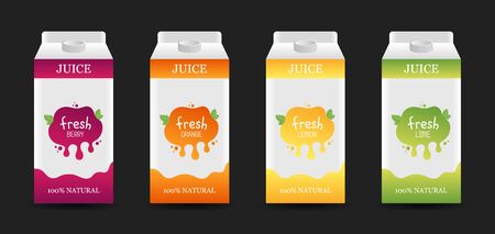 Blank juice fresh fruit carton branding box. Berry, orange, lemon, lime, healthy juice sticker design.のイラスト素材