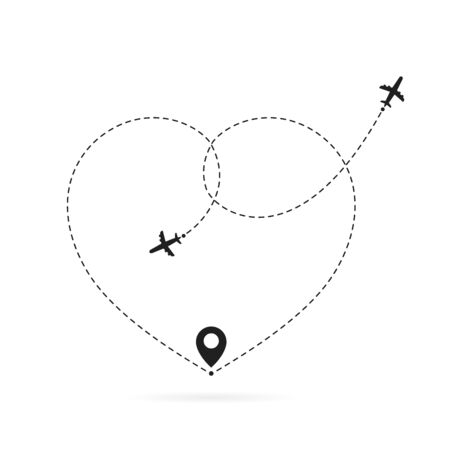 Love airplane route. Romantic travel, heart dashed line trace and plane routes. Hearted airplanes path.のイラスト素材