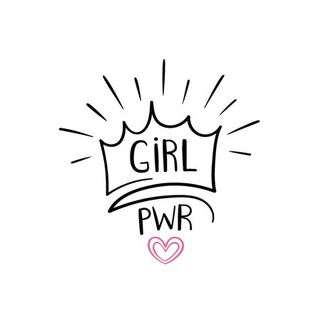 Motivation slogan with hand drawn lettering girl power and crown and heart in cartoon comic style. Vector illustration.のイラスト素材