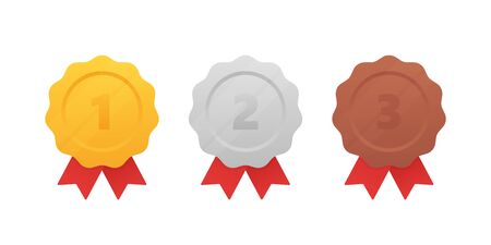 Gold, silver, bronze medal with red ribbon. 1st, 2nd and 3rd places. Modern flat style vector illustration.のイラスト素材