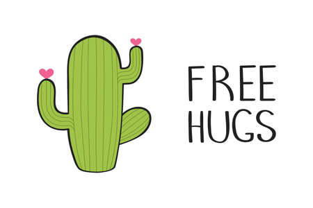 Cute hand drawn cactus with inspirational funny quote Free Hugs isolated on white background for printing. Vector illustration design.のイラスト素材
