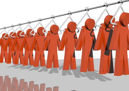 3d rendering of red men hanging from a factory's poleの写真素材
