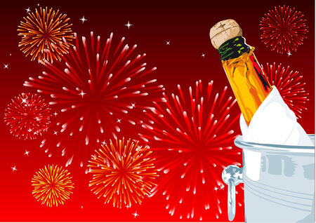 Abstract vector illustration of a champagne bottle with fireworks in the backgroundのイラスト素材