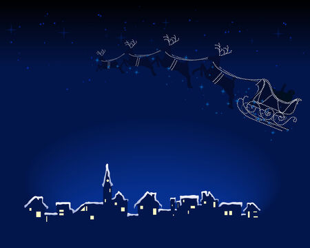 Abstract vector illustration of santa and his reindeer riding over a snowy townのイラスト素材
