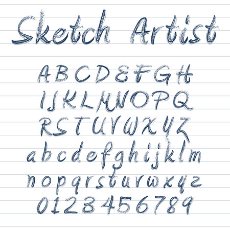 Vector designer sketched alphabet in blue ink on lined backgroundのイラスト素材