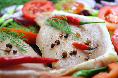 Meat on a light background, vegetables and spices, onions, red and green peppers, gingerの写真素材