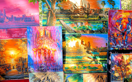 Artists sell souvenirs in the temples of Cambodiaの写真素材