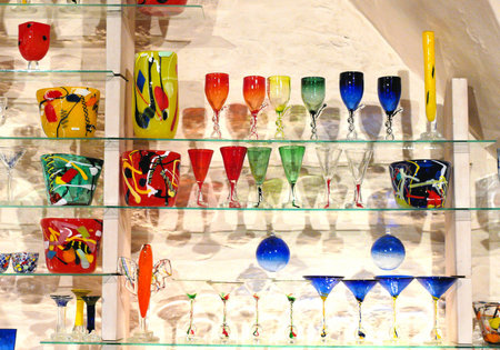 Glass blower workshop, glass products for saleの写真素材