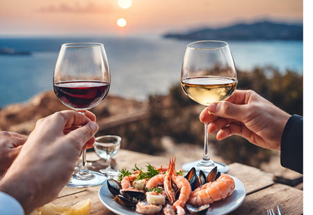 Seafood dinner, sea view, glasses of wine.の素材