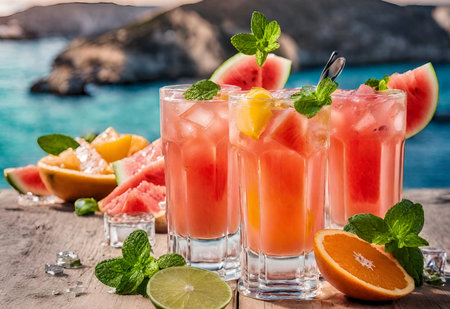 Juicy fruits lime orange, grapefruit sea view, glasses with juice, freshの写真素材