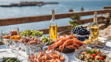 Lunch on the sea with a view of the rocks, seafood, fruits, vegetables, glasses of wine in a sunnyの素材