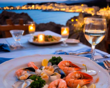 Seafood dinner, food on the table, wine, a candle overlooking the sea in Greece, shrimp, squid, fruit.の素材